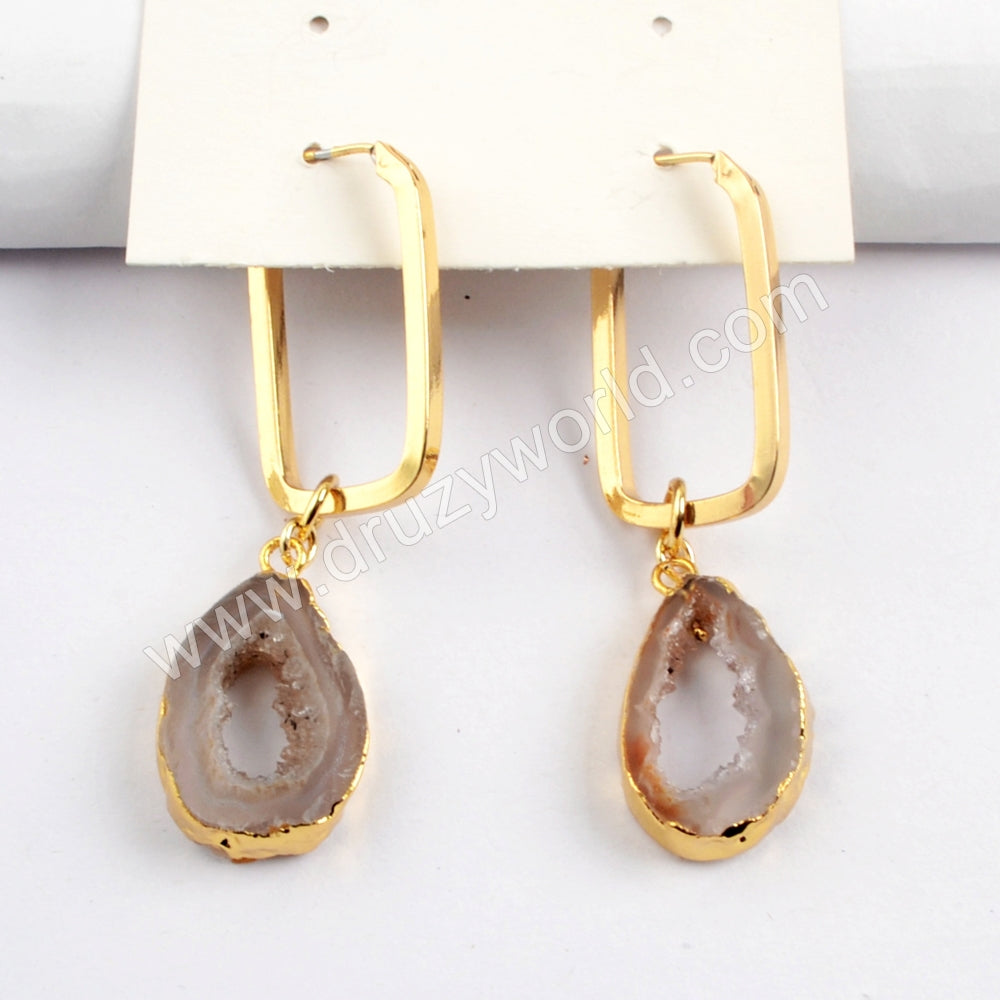 Gold Plated Agate Druzy Slice Rectangle Earring G1587