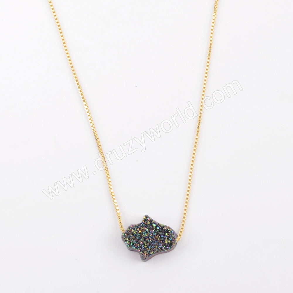 Rainbow Hamsa Hand Shape Titanium Raw Druzy Adjustable Necklace Gift For Her G1891