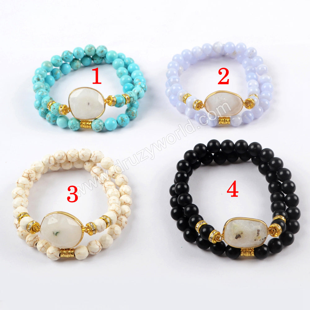 Gold Plated Natural White Solar Quartz Faceted With 8mm Stone Beads Layer Bracelet G1549