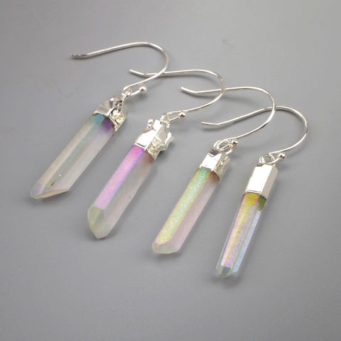 Silver Plated Angel Aura Quartz Titanium Healing Crystal Point Earrings S1606