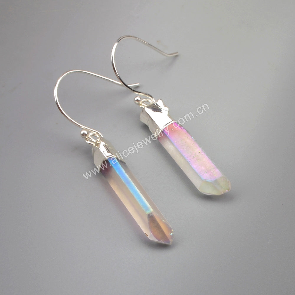 Silver Plated Angel Aura Quartz Titanium Healing Crystal Point Earrings S1606