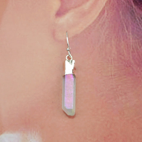 Silver Plated Angel Aura Quartz Titanium Healing Crystal Point Earrings S1606