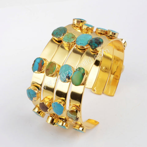 Gold Plated Natural Turquoise Open Bangle Bracelet, Boho Gemstone Jewelry G1341