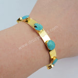 Gold Plated Natural Turquoise Open Bangle Bracelet, Boho Gemstone Jewelry G1341