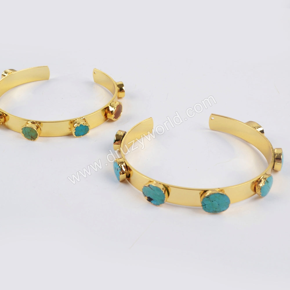 Gold Plated Natural Turquoise Open Bangle Bracelet, Boho Gemstone Jewelry G1341