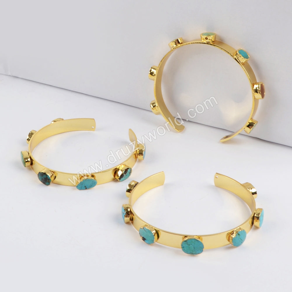 Gold Plated Natural Turquoise Open Bangle Bracelet, Boho Gemstone Jewelry G1341