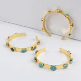 Gold Plated Natural Turquoise Open Bangle Bracelet, Boho Gemstone Jewelry G1341