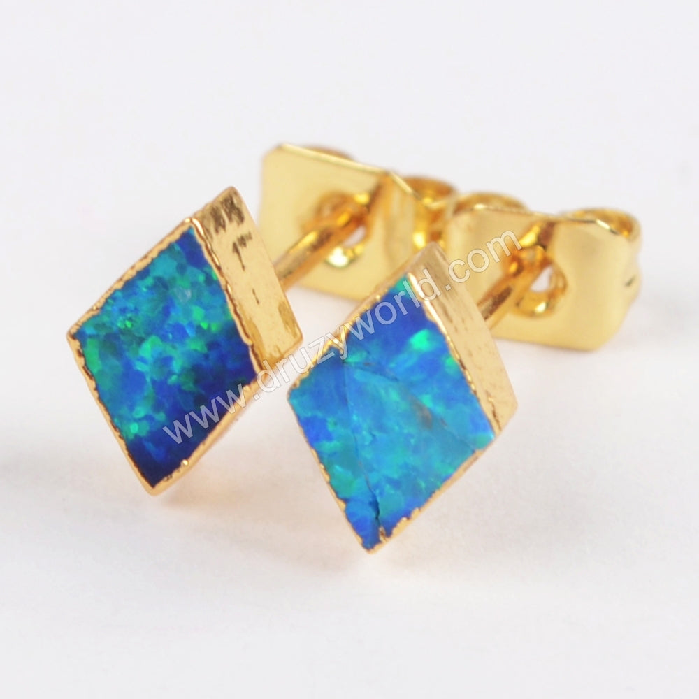 Diamond Shape White Opal Studs Earring Gold Plated G1421