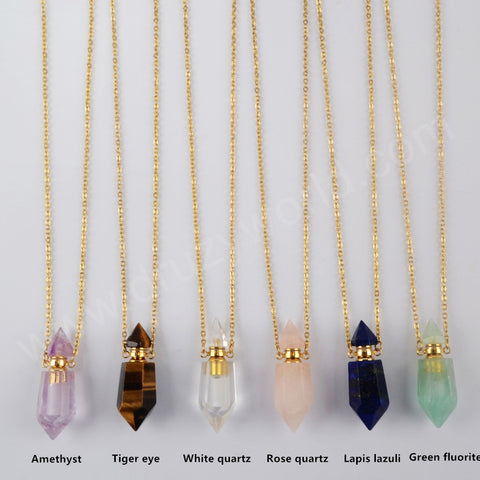 Multi Gemstone Fluorite Quartz Perfume Bottle Gold Plated Necklace, Healing Crystal Stone Bottle Necklace G1942-N