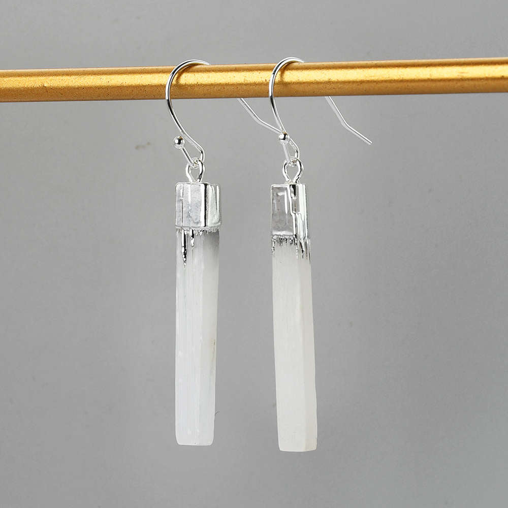 Silver Plated Natural Selenite Stone Earrings White Crystal Earrings Bar Earrings S1703-E