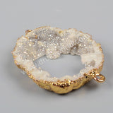 Gold Plated Natural Crystal Quartz Titanium AB White Druzy Geode Slice Connector G1016