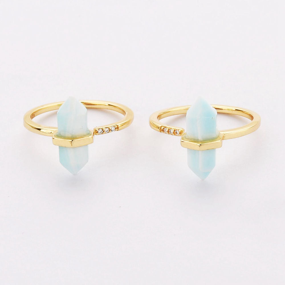 Gold Plated Natural Gemstone Crystal Terminated Point Rings Faceted Turquoise Moonstone Larimar Rhodochrosite ZG0461
