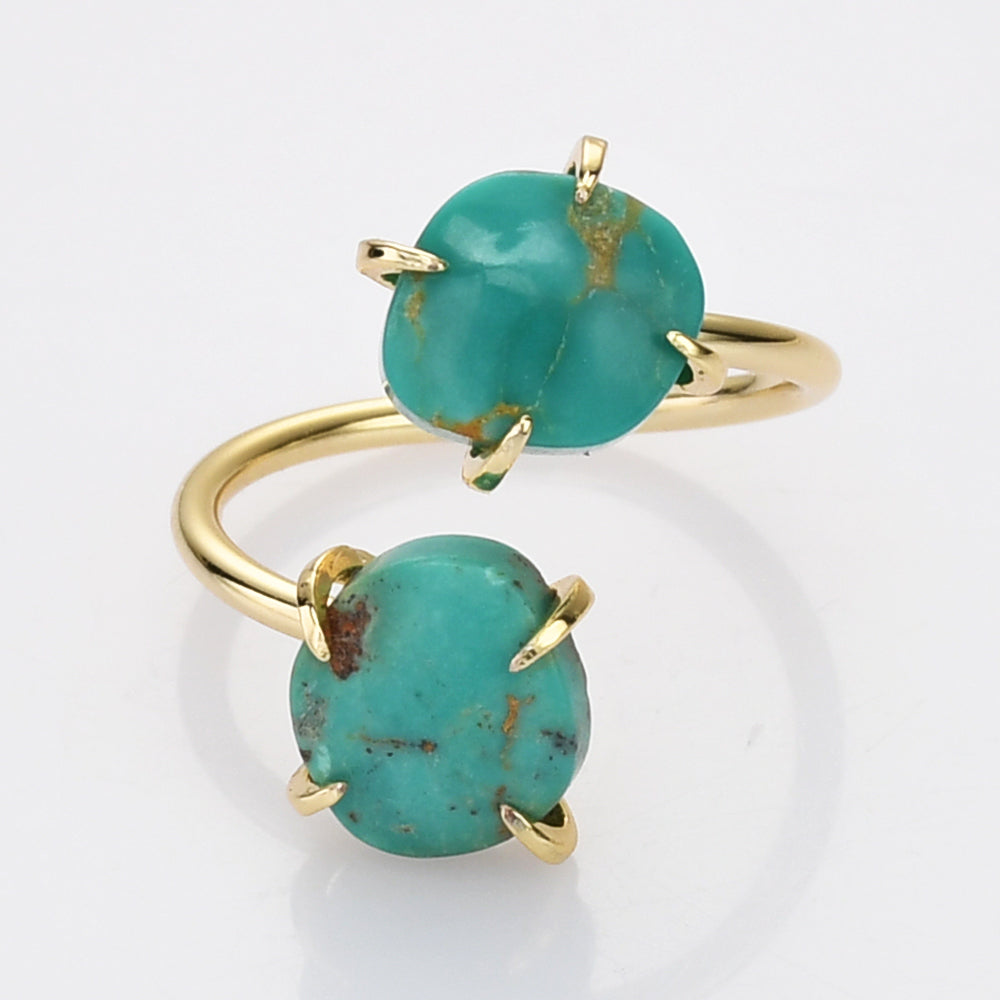 Gold Plated Claw Double Natural Real Turquoise Wrap Ring, Freeform Shape, Genuine Turquoise Ring Jewelry ZG0486