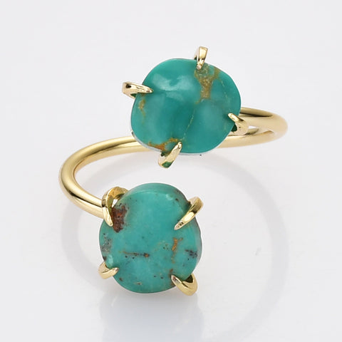 Gold Plated Claw Double Natural Real Turquoise Wrap Ring, Freeform Shape, Genuine Turquoise Ring Jewelry ZG0486