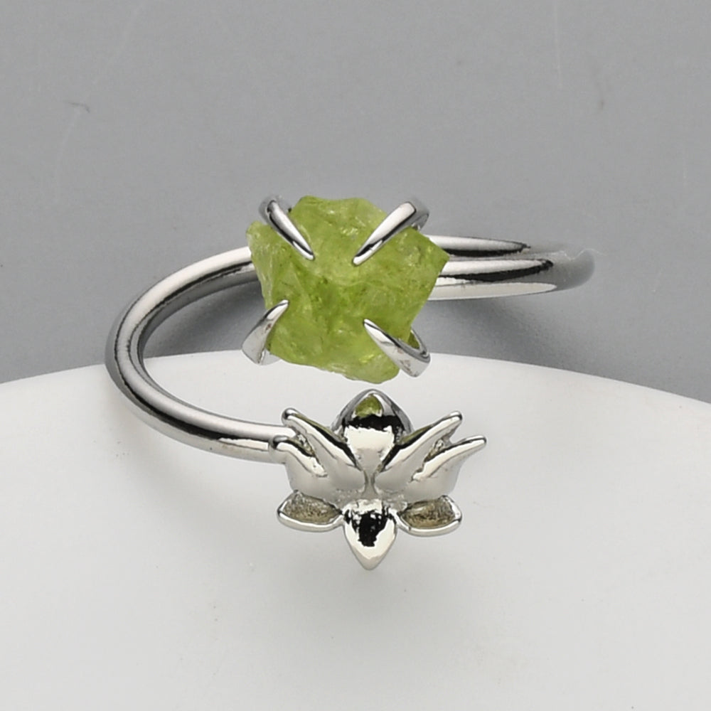 Silver Claw Lotus Raw Gemstone Ring, Adjustable, Healing Crystal Stone Jewelry, Birthstone Ring ZS0488