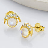 S925 Sterling Silver Natural Moonstone Stud Earrings, CZ Micro Pave Moon, Bezel Round Crystal Studs Jewelry LM034