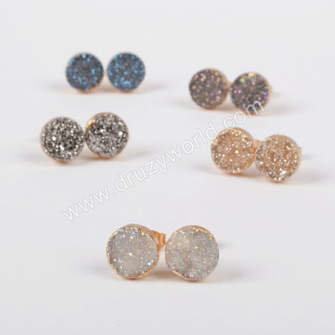 Round 10mm Natural Agate Titanium Rainbow Druzy Stud Earrings Gold Plated G0911