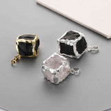 Gold / Silver Plated Cube Shape Black Obsidian / White Quartz Pendant Raw Healing Crystal Stone Pendant WX2070