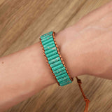 Cylinder Green Sea Sediment Jasper Bar Beads Leather Wrap Bracelet, Handmade Boho Jewelry HD0430