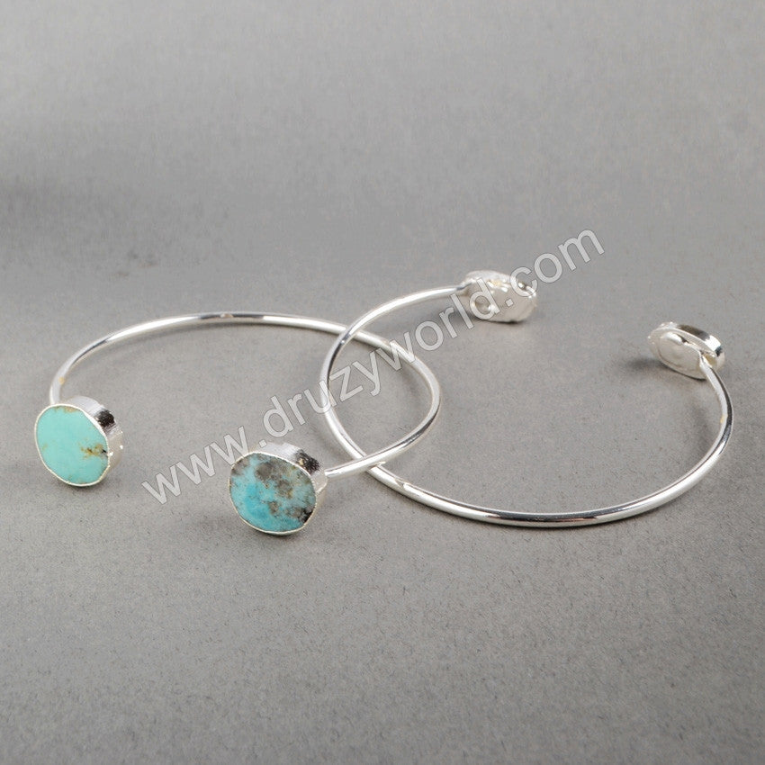 Adjustable Silver Plated Double Freeform Natural Turquoise Bangle Bracelet S0235