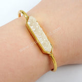 Long Hexagon Gold Plated Bezel Titanium AB White Druzy Bar Bangle Bracelet, Agate Drusy Crystal Jewelry Cuff ZG0274