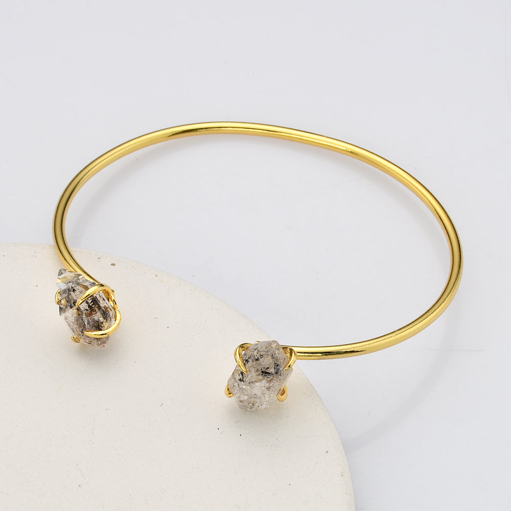 Gold Plated Claw Raw Herkimer Crystal Bracelet, Faceted Healing Gemstone Quartz Bangle Cuff Jewelry ZG0498