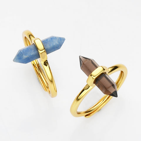 Hexagon Point Natural Stones Gold Bezel Ring, Adjustable, Gemstone Jewelry Ring WX2206