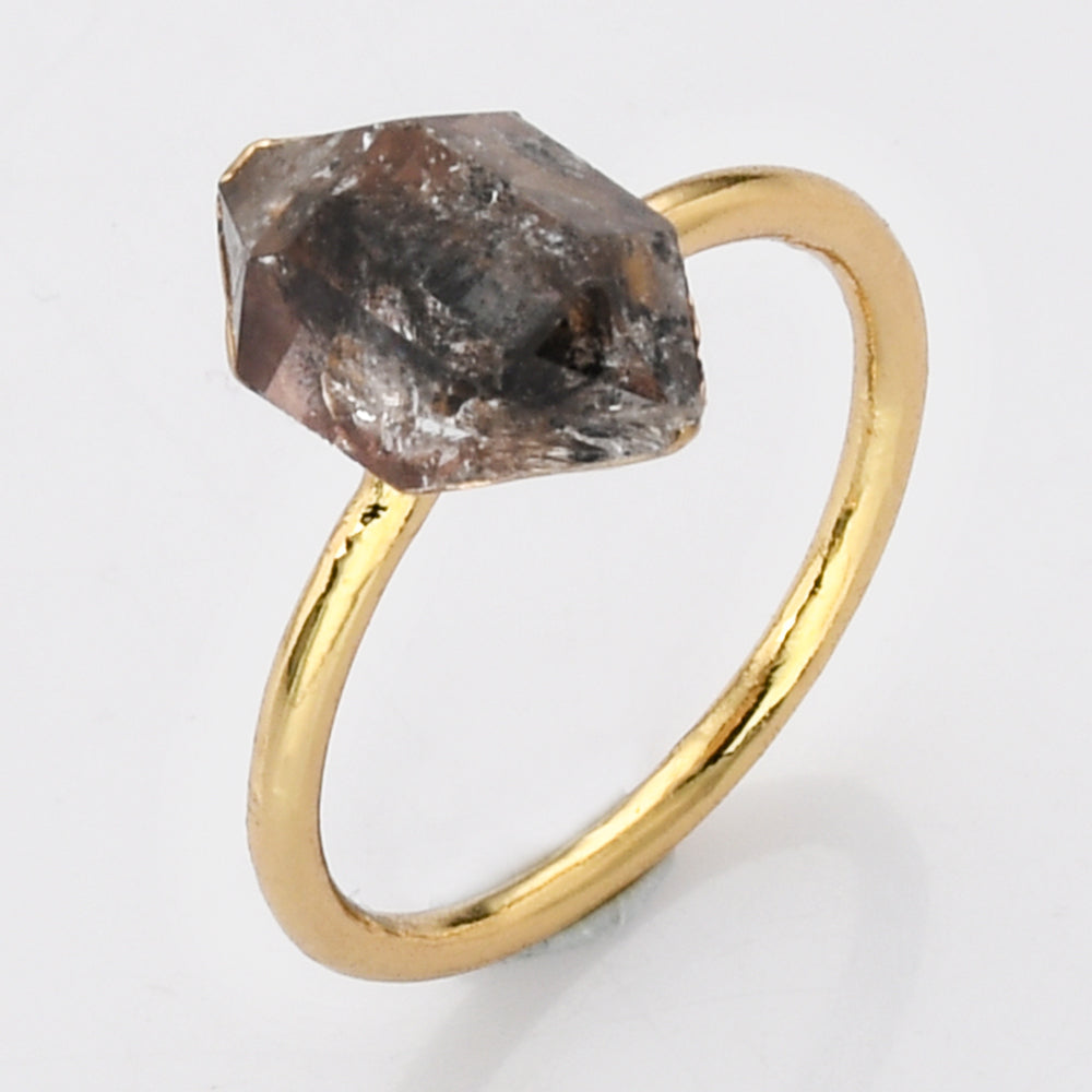 Gold Plated Raw Herkimer Quartz Ring, Healing Gemstone Faceted Crystal Ring Jewelry G2100