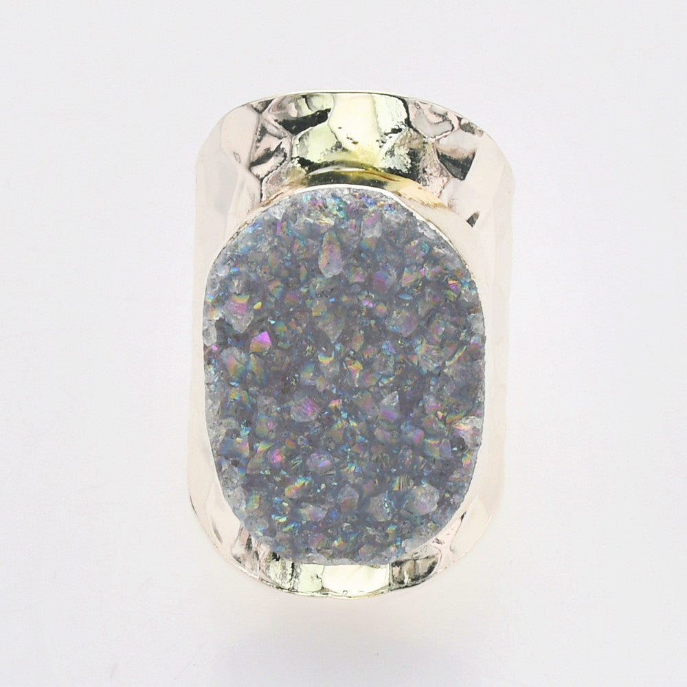 Wholesale Silver Plated Natural Titanium AB Color Druzy Ring, Open Band Cuff Ring, Gemstone Jewelry S0890-AB