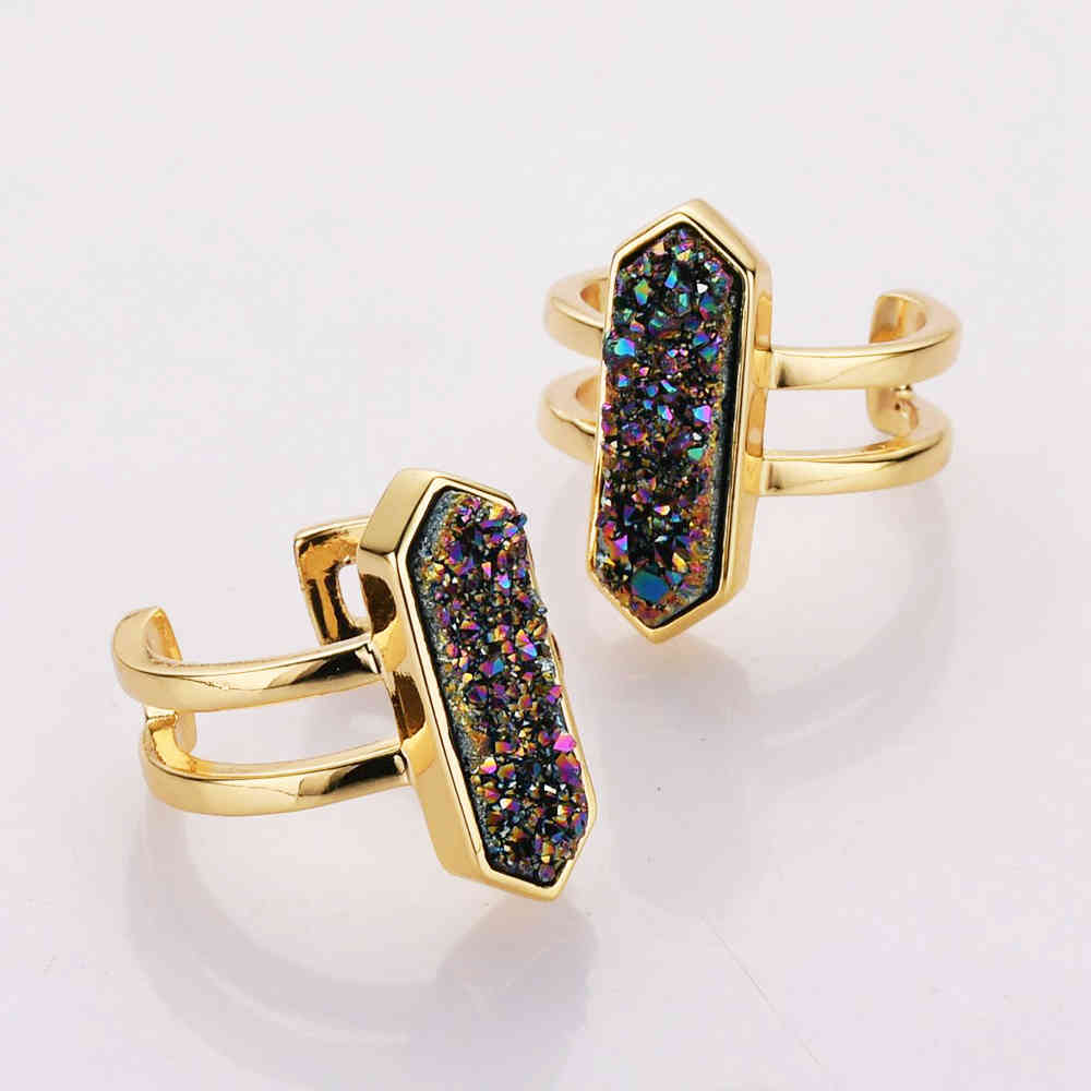 ZG0466 Hexagon Gold Plated Brass Natural Titanium Druzy Ring Bezel Ring Open Ring AB White Champagne Silver Rainbow Druzy Geode Ring Jewelry
