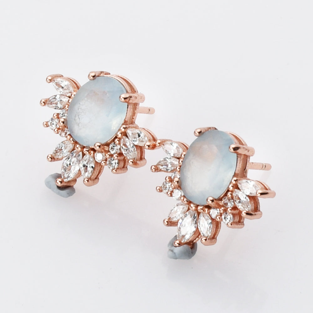S925 Sterling Silver Rose Gold Natural Gemstone CZ Micro Pave Stud Earrings, Oval Faceted Amethyst Aquamarine Rose Quartz Moonstone Post Earrings, Healing Jewelry SS224