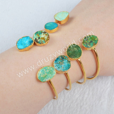 Gold Plated Double Freeform Genuine Turquoise Bangle Bracelet, Adjustable Gemstone Cuff Jewelry G0235