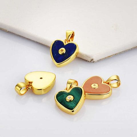 Heart Shape Gold Plated Bezel Rainbow Natural Gemstone CZ Micro Pave Pendant WX2129