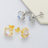 S925 Sterling Silver Oval Moonstone Faceted CZ Micro Pave Stud Earrings LM030