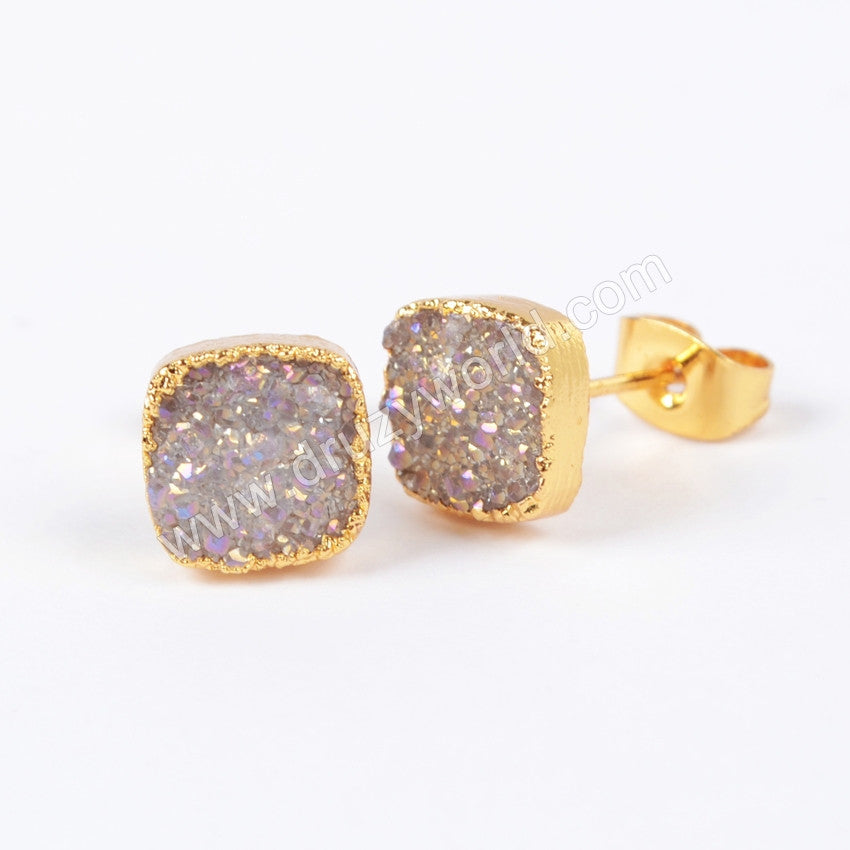 8mm Gold Plated Square Natural Agate Titanium AB Druzy Stue Earrings