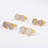 Round 10mm Natural Titanium AB White Druzy Geode Stud Earrings Gold Plated G0681