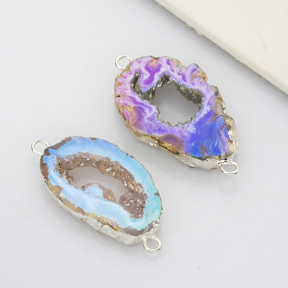silver ab color agate druzy slice charm connector