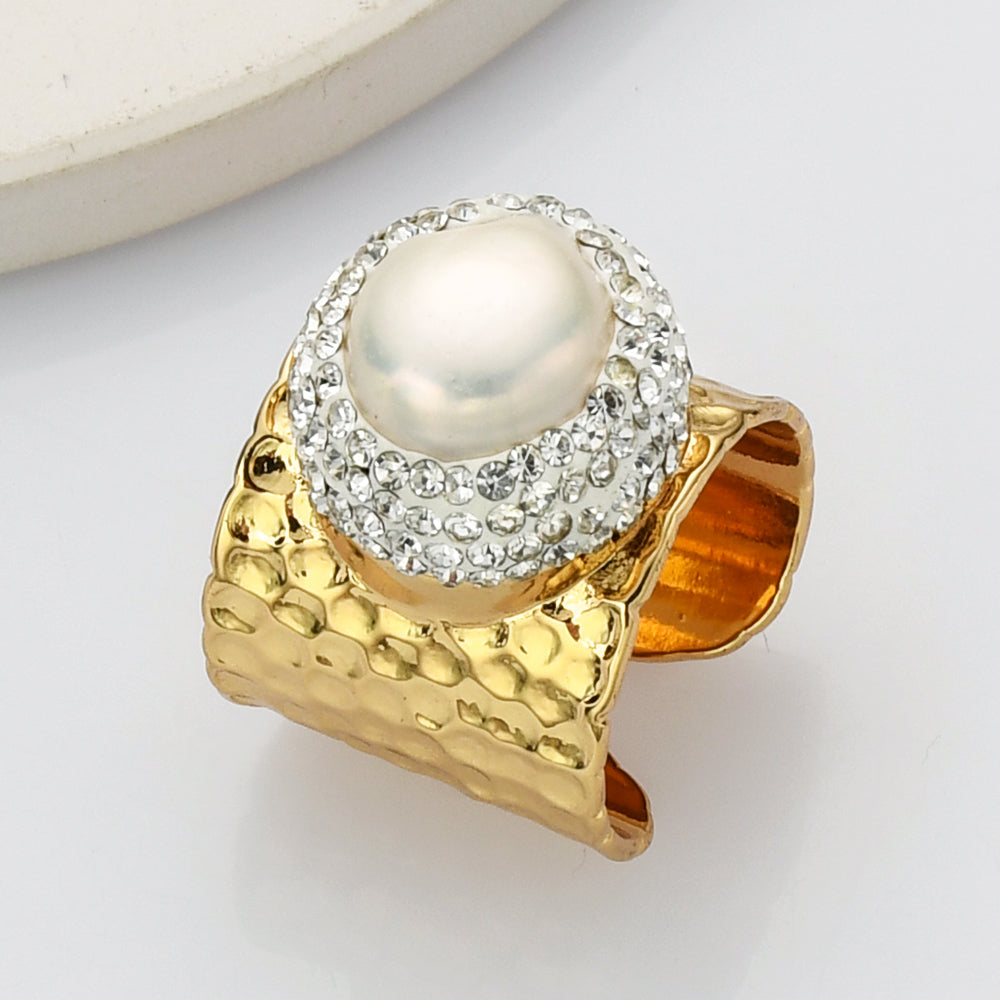 white pearl ring, gold band ring, rhinestone ring, cz ring, zircon ring, micro pave ring, ring cuff, pearl jewelry, mother's ring, mother's day gift, lady's fashion ring
