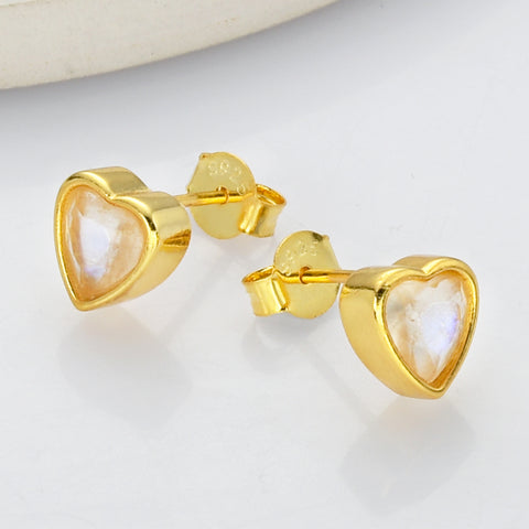 S925 Sterling Silver Heart Moonstone Faceted Stud Earrings SS249EG