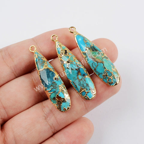 Long Teardrop Gold Plated Natural Copper Turquoise Charm G1547