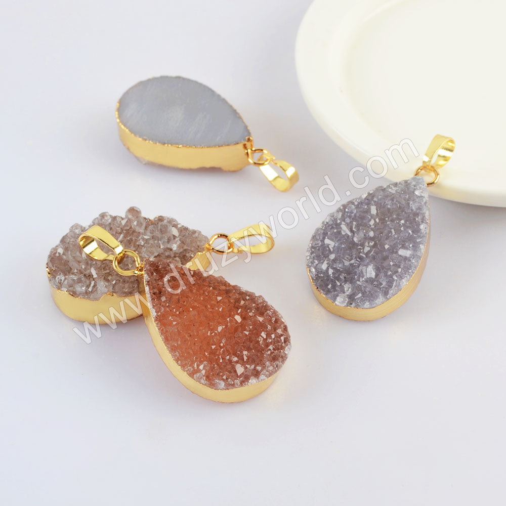 Gold Plated Teardrop Natural Colors Agate Druzy Pendant, Crystal Drop Pendant G2021