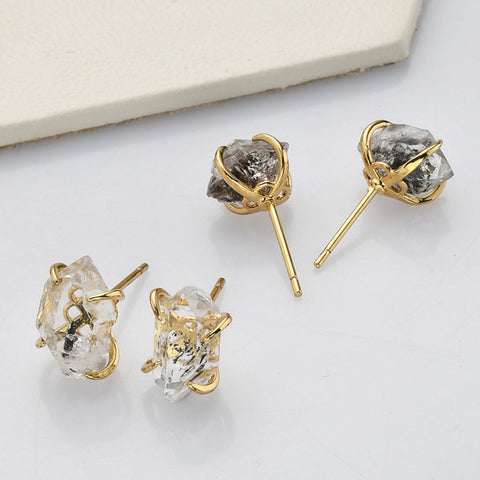 Gold Plated Claw Herkimer Quartz Stud Earrings, Healing Gemstone Post Earrings, Raw Crystal Jewelry ZG0502