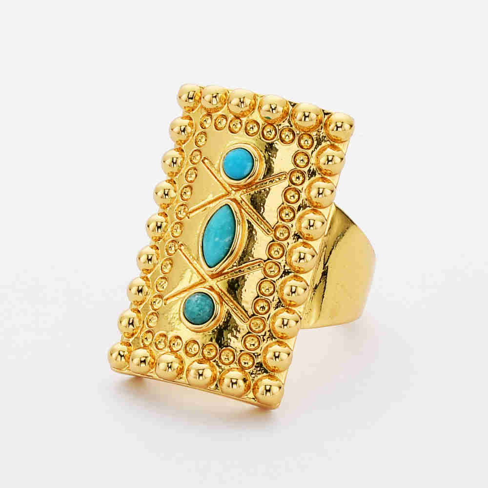 Rectangle Gold Plated Brass Bezel Natural Turquoise Ring ZG0459 real turquoise ring gemstone ring