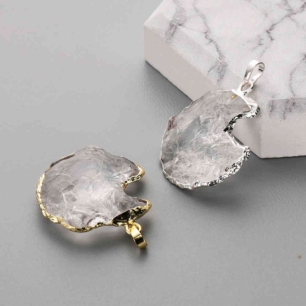 Gold / Silver Plated Natural White Quartz Crescent Moon Pendant Bead Raw Clear Quartz Moons Jewelry Pendant WX2072