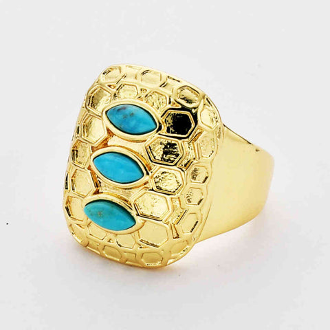 Rectangle Gold Plated Brass Bezel Natural Turquoise Ring, Real Turquoise, Gemstone Boho Jewelry ZG0457