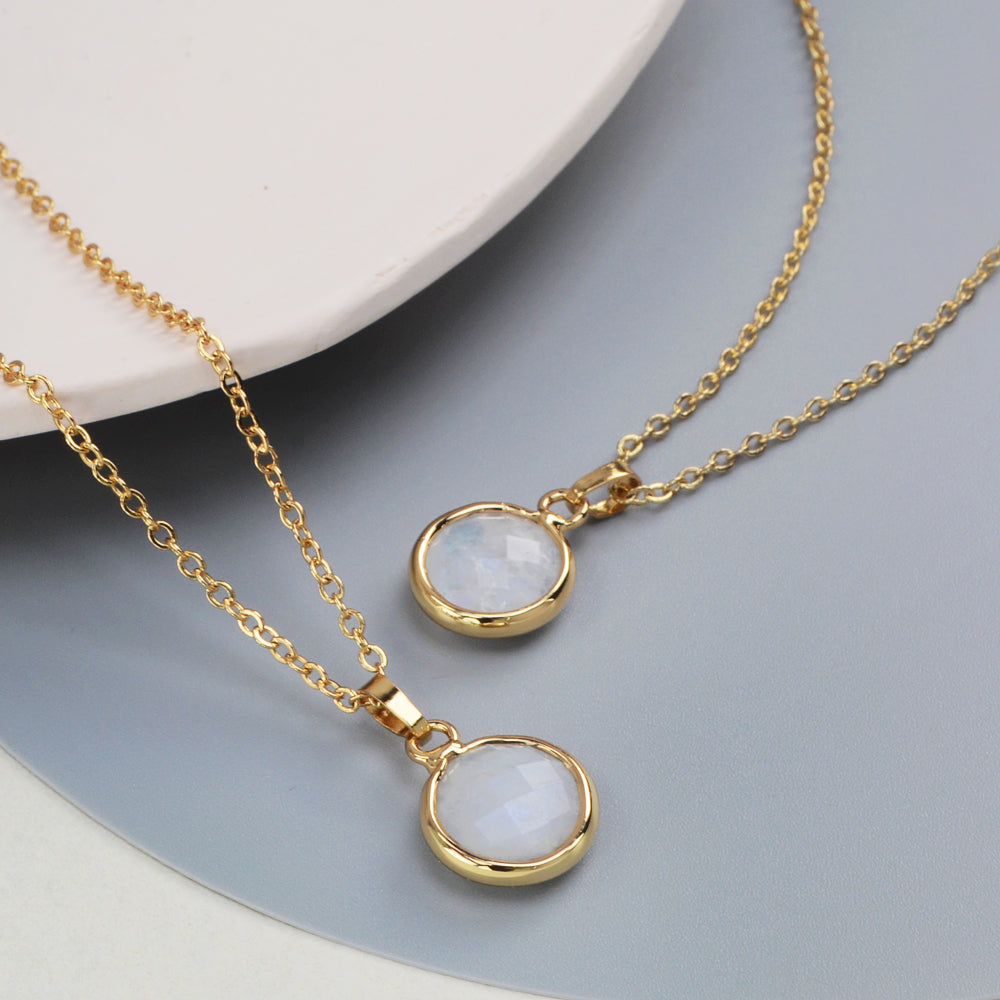 16" Gold Plated Round Austrlian Jade Amazonite Moonstone Faceted Pendant Necklace G2057-N
