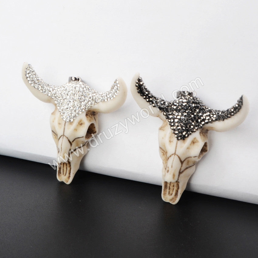 Long horn resin horn cattle pendants bull cattle pendants Paved Black/White Zircon JAB337