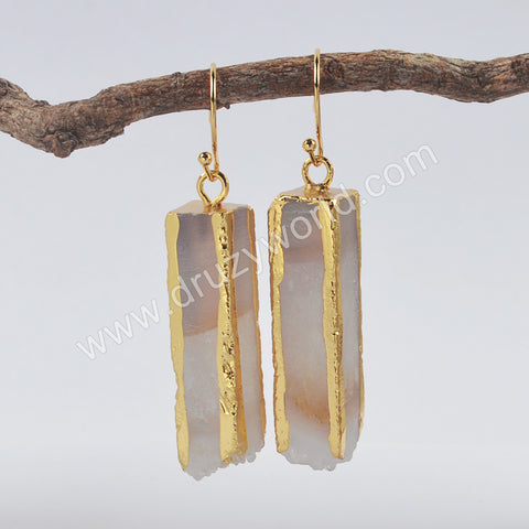 Gold Plated Rectangle Natural Agate Druzy Bar Dangle Earrings G1999-E