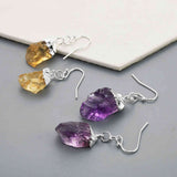 Silver Plated Natural Amethyst / Citrine Dangle Earrings Raw Gemstone Crystal Earrings WX2132