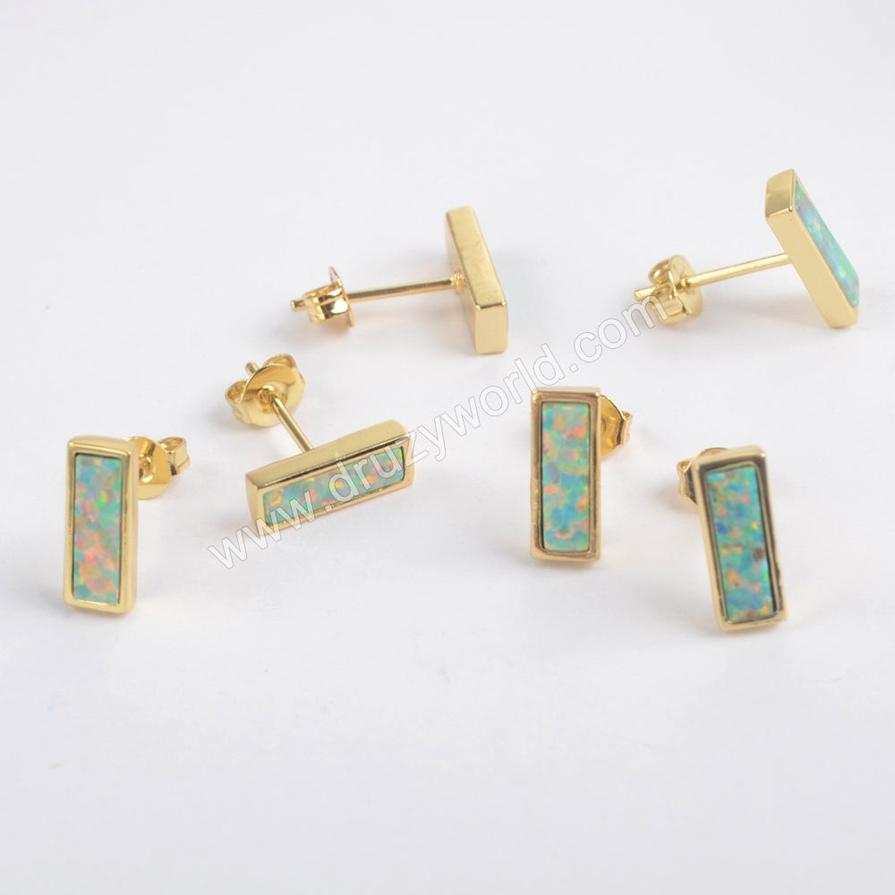 Gold Plated Bezel Rectangle White Opal Studs Opal Bar Jewelry Earrings ZG0214